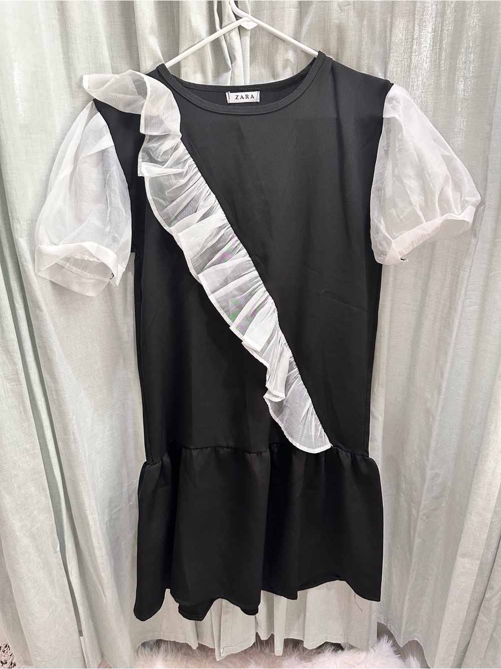 Zara Black‎ Dress with White Organza Ruffle size S